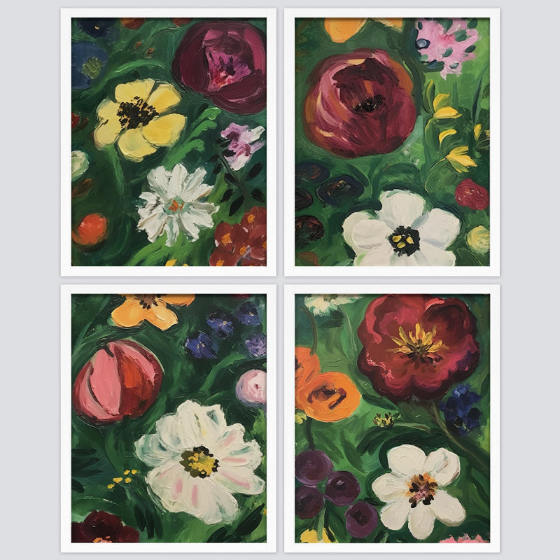 Expressive Floral Paintings Bold Garden Blooms Vibrant Nature Inspired, impression encadrée sur papier, 4 pièces, Blanc