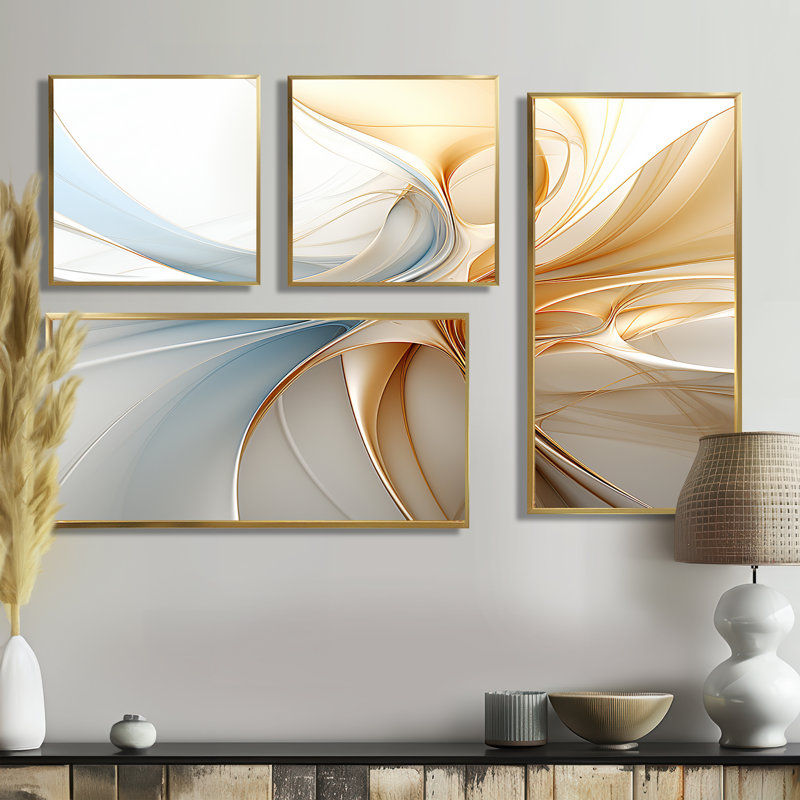 Vague rétro bleue et orange élégante - art mural moderne noir 4 pièces, Toile tendue, Ne s’applique pas