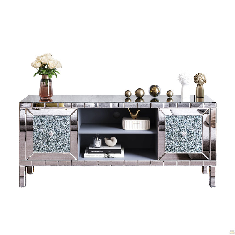 60" Mirrored Tv Stand With Crushed Diamond Glass Doors
