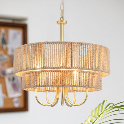 5 - Light Coastal-Inspired Dimmable Rattan Double Drum Candle Style Chandelier