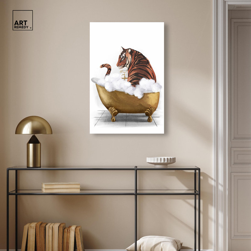 «Bathtime Tiger», impression sur toile tendance par Art Remedy, H 30 po x l 20 po, Toile tendue avec châssis