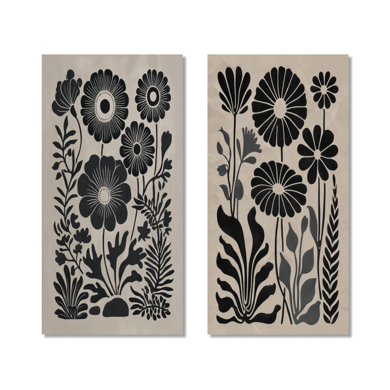 Bleuet pré dans des tons de noir et de beige II - Botanique 2 panneaux de décoration murale en métal, 32" H x 32" W