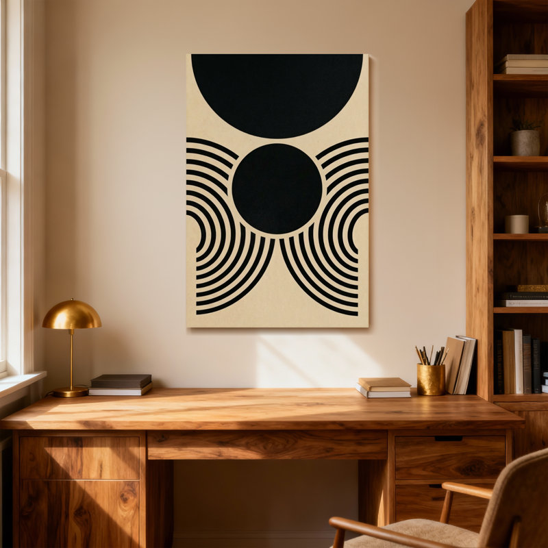 Dessin abstrait géométrique noir et doré, H 18 po x l 12 po
