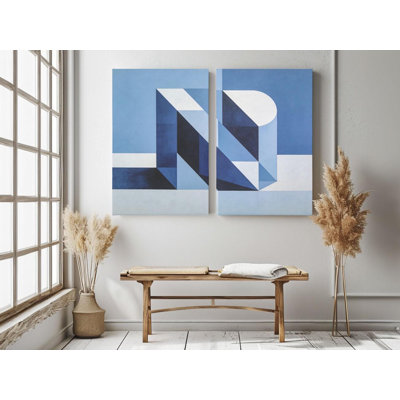 Reproduction sur toile géométrique abstraite bleue, art mural moderne Diptyque pour le salon - décor minimaliste architectural 3D, grand ensemble de deux pièces, reproduction de peinture