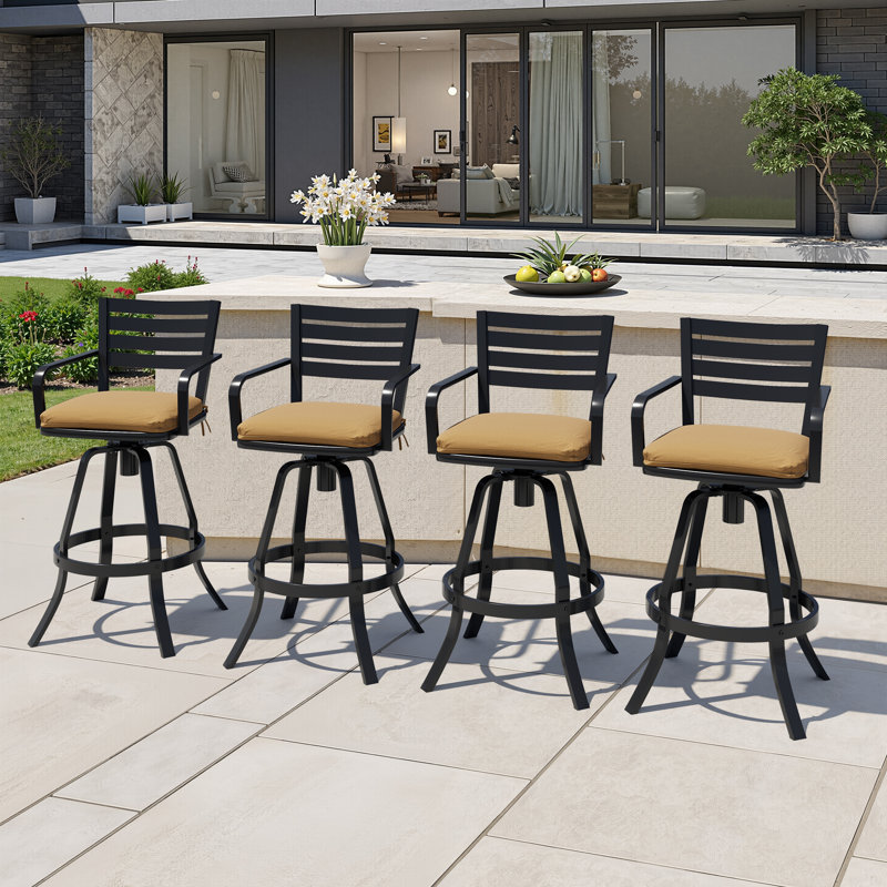 Tabouret de bar pivotant 29,57 po, structure en fonte d'aluminium et coussin Sunbrella (ensemble de 4), Teck