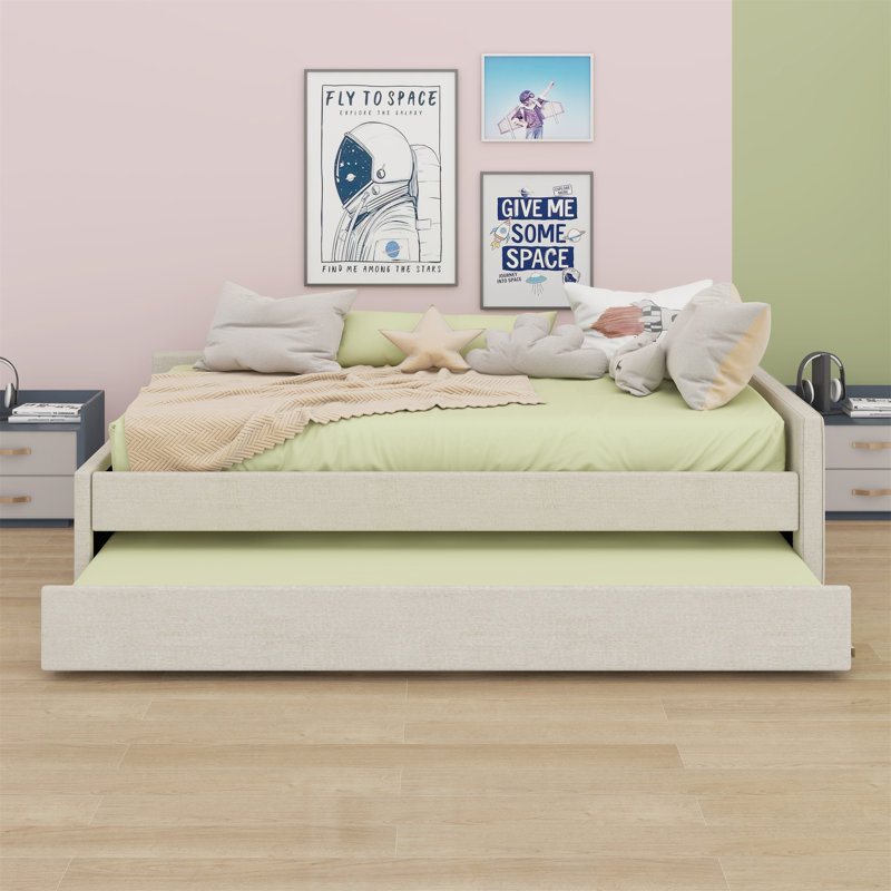 Lit plateforme tapissier avec port USB et lit gigogne, Grand lit