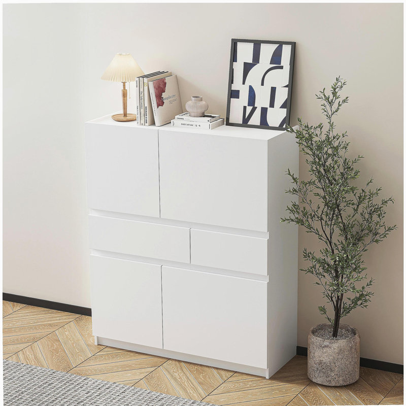 Armoire de rangement en bois blanc avec 4 portes et 2 tiroirs