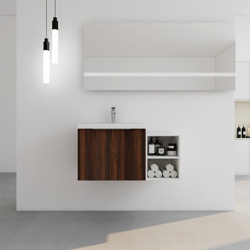 Élément de meuble-lavabo mural, 36 po, noyer avec évier, moderne, fixé au mur, portes à fermeture en douceur, finition, Noyer