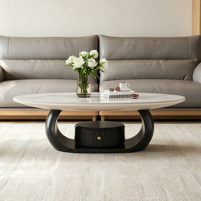 Table basse ovale avec rangement Modern Home, H 15,74 po x l 47,24 po x P 27,55 po, Blanc/Noir