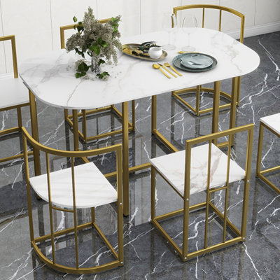Ensemble de table de salle à manger moderne de 7 pièces avec table compacte en faux marbre 55 pouces pour 6 personnes TopMAX