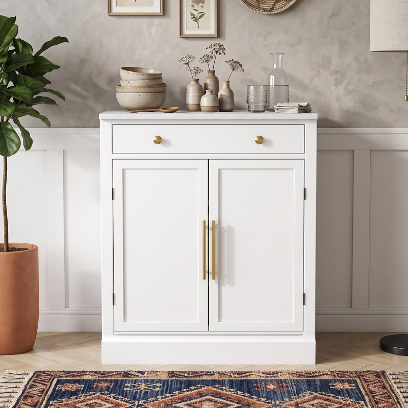 Modern Freestanding Wooden Sideboard with Faux Marble Top, Adjustable Shelves and Drawer, White/Gold
