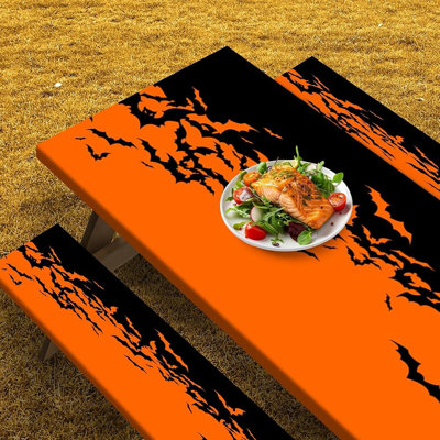 Halloween Picnic Table Cover Set with Bench Covers – 3-Piece Horror-Themed Tablecloth Set, Waterproof Outdoor Table Covers for Parties, Camping, BBQs & Spooky Gatherings