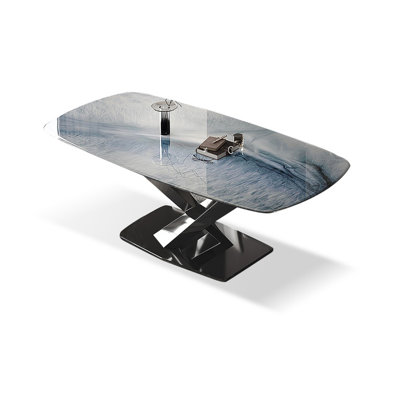 Modern simple and light luxury rectangular dining table made of Super Crystal tabletop + Carbon Steel pedestal