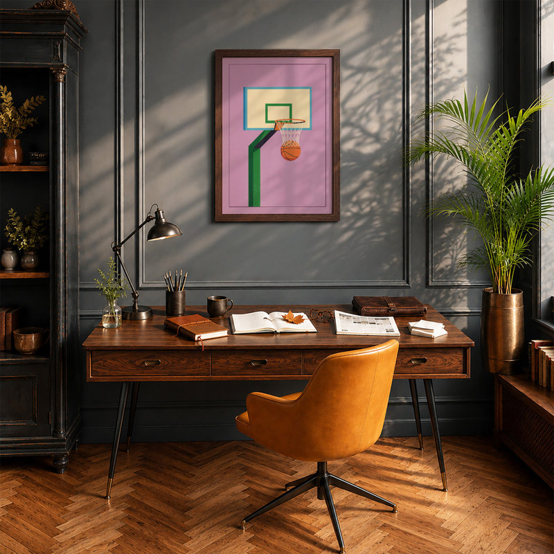 Basketball Hoop Geometry Geometric - Framed Print, A2 - 59.4 x 42.0 cm, Walnut