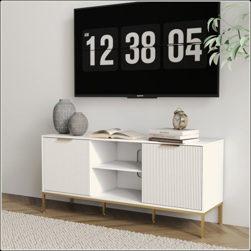 Meuble télé moderne avec portes ondulées, tablette ouverte et tablette réglable - élégant et fonctionnel pour votre salon