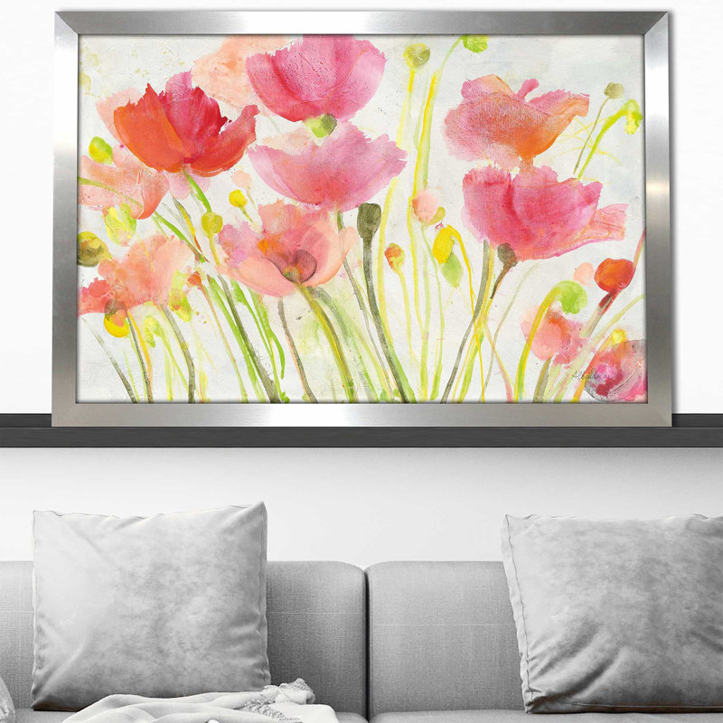 Coquelicots fluorescents - Peinture, Encadrement argenté, H 27,5 po x l 39,5 po x P 0,75 po