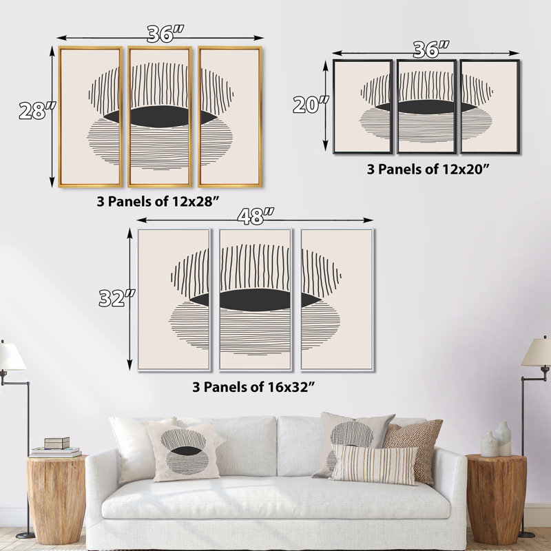 «Minimal Geometric Lines And Circle II», reproduction de cadre photo sur toile 3 pièces, Cadre noir