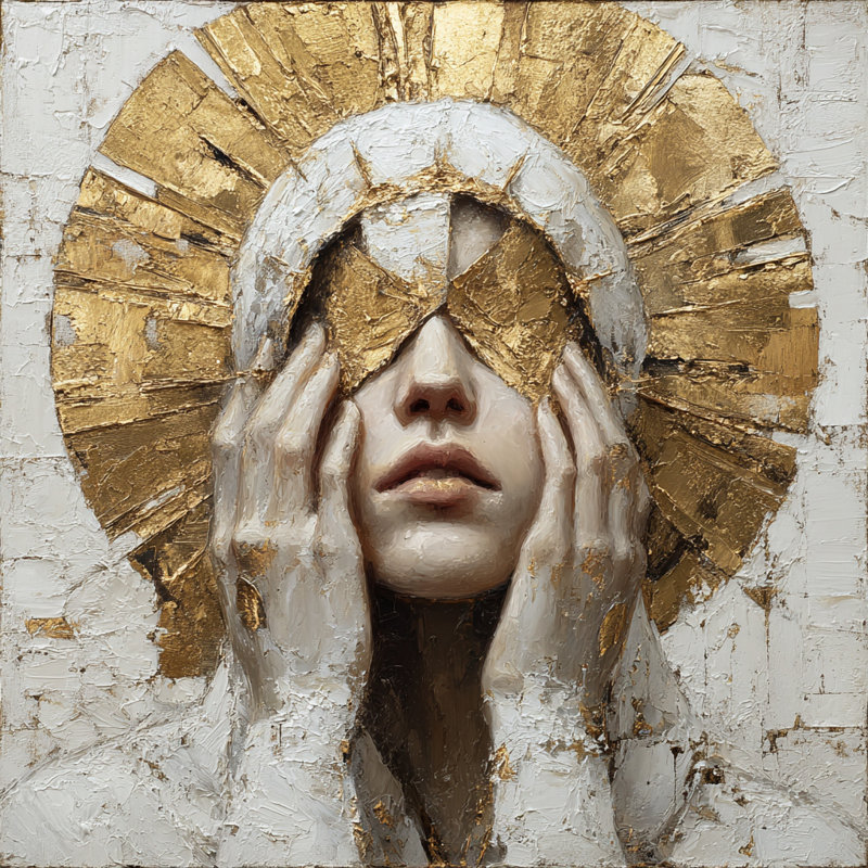 «Golden Veil Sacred Portrait», reproduction d'art figurative abstraite, L 40 po x H 40 po x P 1,5 po