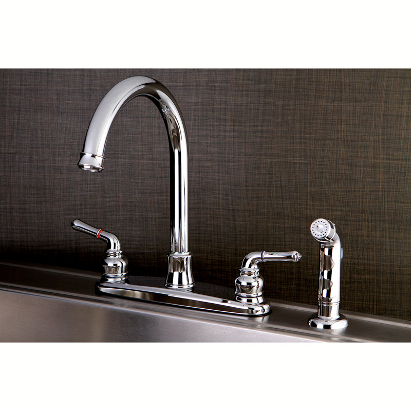 Kingston Brass Naples Two-Handle 4-Hole 8" Centerset Kitchen Faucet with Side Sprayer, Polished Chrome