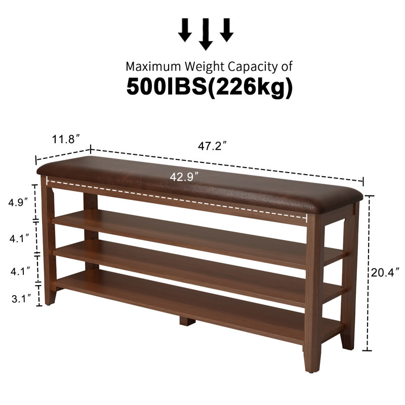 Entryway 3-Tier Solid Wood Shoe Bench with Storage, 20.4" H x 47.2" W x 11.8" D, Brown