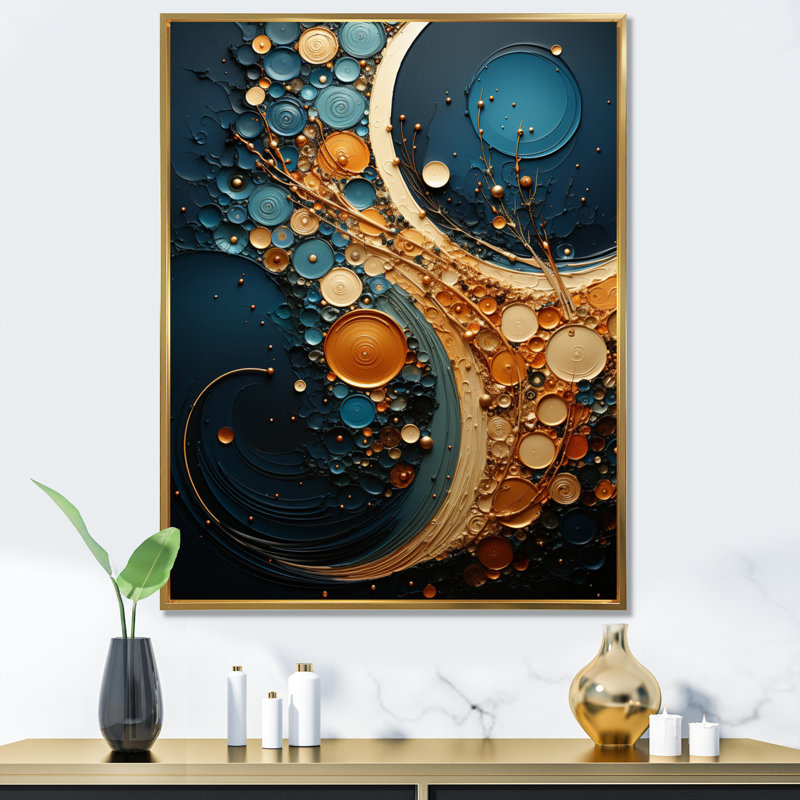 Eveleen Gold Teal Abstract Spirals II, reproduction d'art sur toile, H 44 po x l 34 po x P 1,5 po, Or