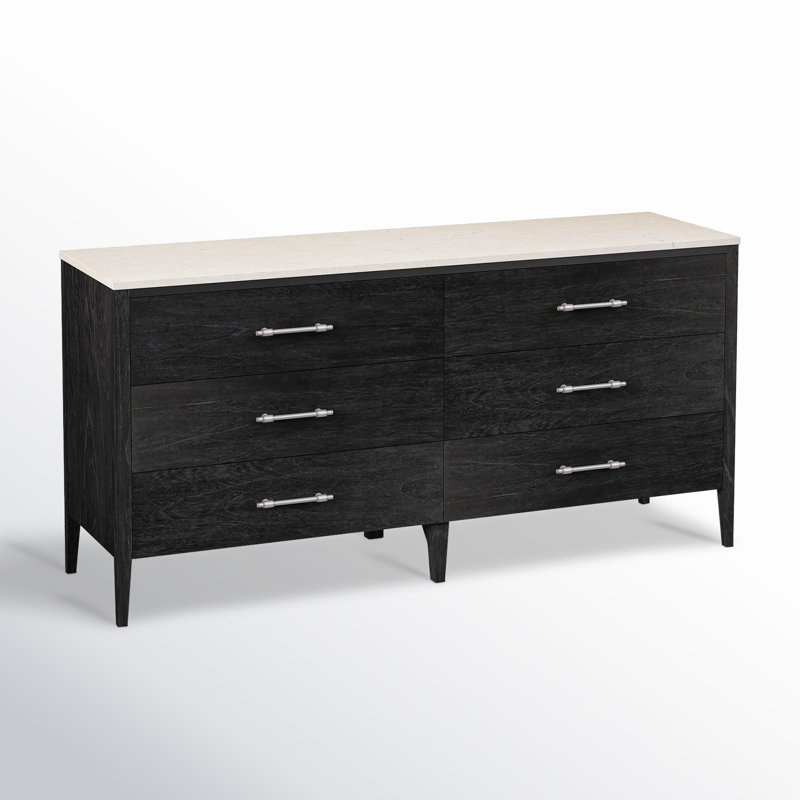 Mayfair 6 Drawer Wood and Marble Dresser, Washed Black/Ivory
