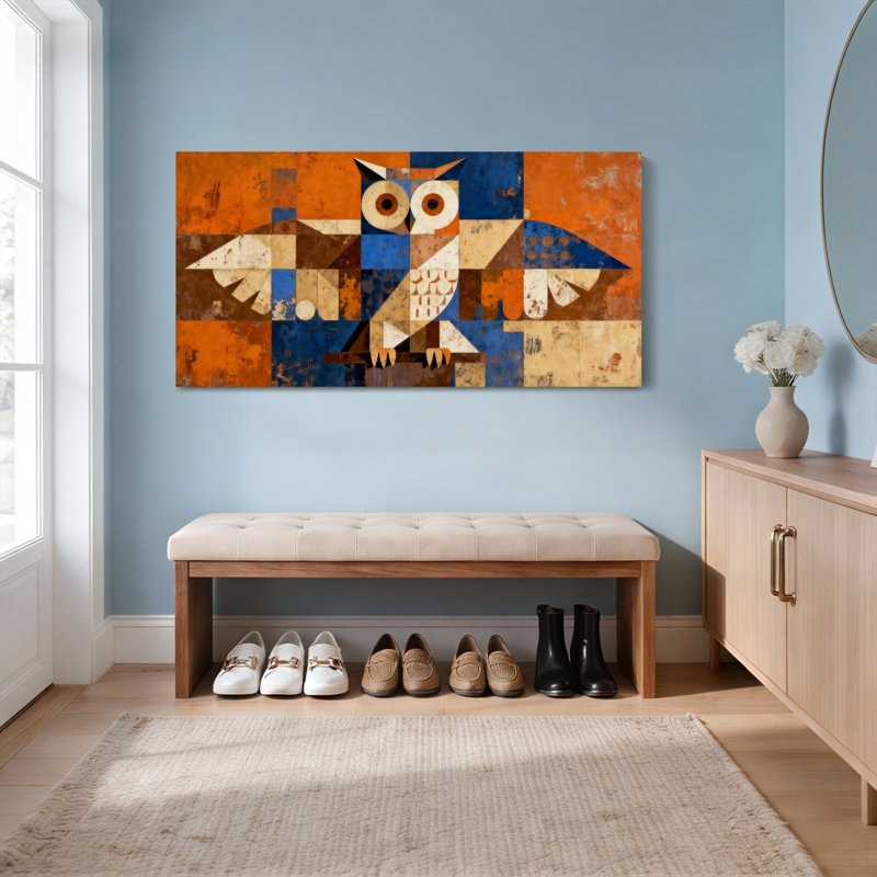 Ensemble de 1 tableau abstrait géométrique hibou sur toile tendue, H 24 po x l 48 po