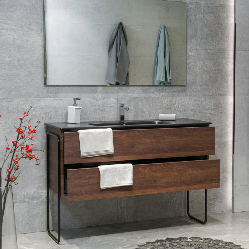 Ensemble de meuble-lavabo mural simple 48 po avec plateau en céramique Veneto, Noir, Chêne foncé