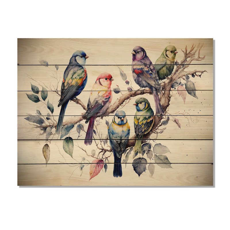 Multicolore oiseaux sur prunier en fleurs XVIIIe - animaux, art mural en bois - bois de pin naturel