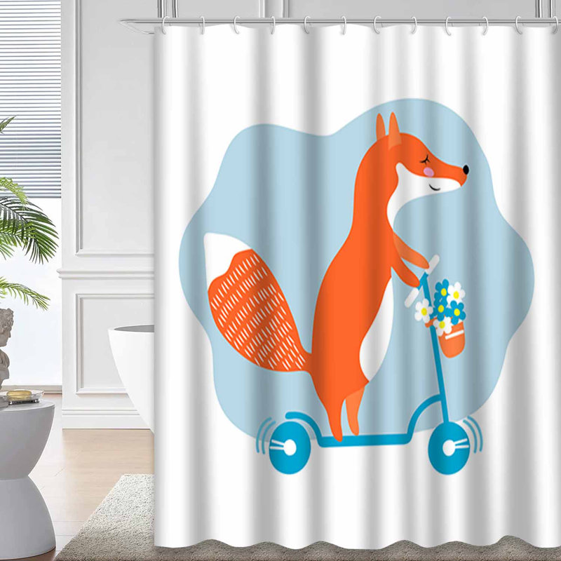 Red Fox Scooter Cartoon Spring Flowers Shower Curtain with 12 Hooks, L 72 po x l 84 po