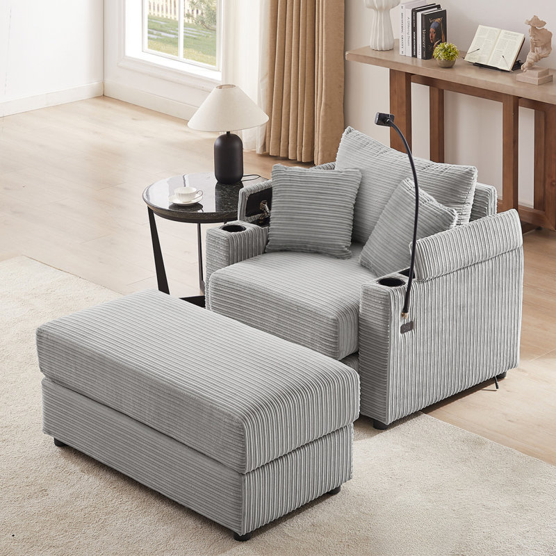 41.7" Modern Style Single Sofa Sofa Couch With Storage Space, A Movable Ottoman, Two USB Ports, Two Cup Holders, A Phone Holder For Living Room, Grey