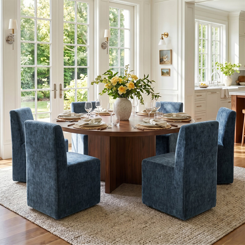 Ensemble de table de salle à manger 7 pièces avec chaises rembourrées entièrement assemblées sur roulettes, Bleu
