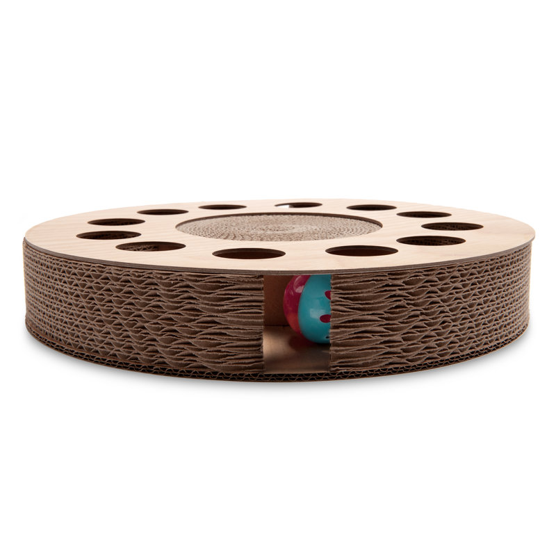 Round Tan Cardboard Cat Scratcher with Toy Balls