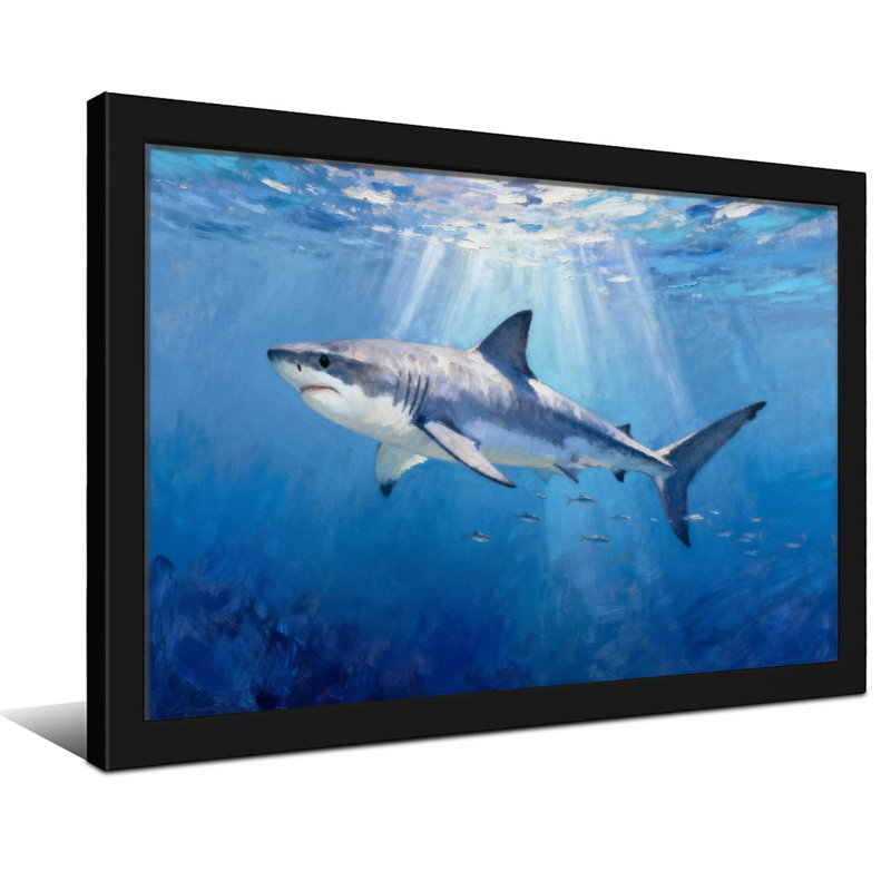 Animal Shark Swimming Underwater Ocean Scene Sunlight Rays, 16" H x 24" W, Wrapped Canvas, Does Not Apply