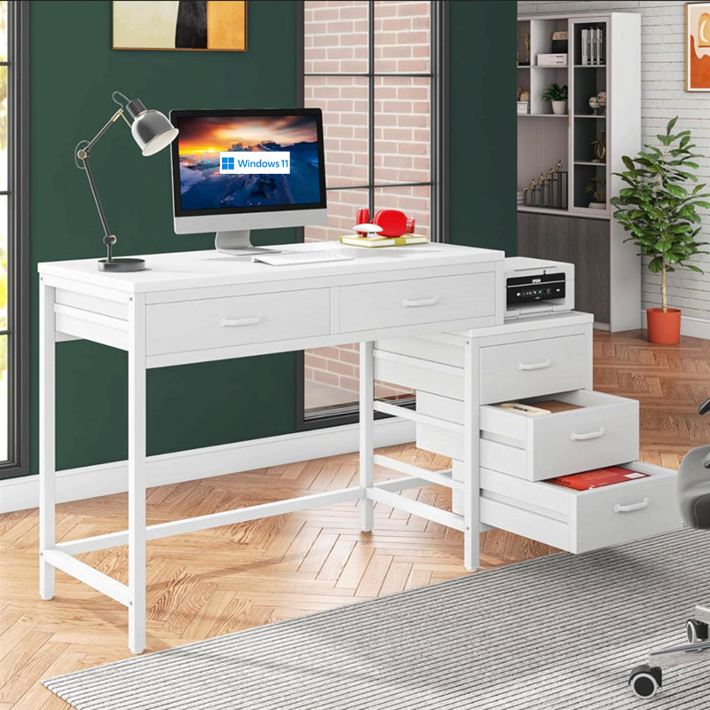 51" Reversible Computer Desk With 5 Drawers And File Cabinet, Rustic Home Office Desk With Printer Stand, Industrial Writing Table With Storage For Small Spaces, White