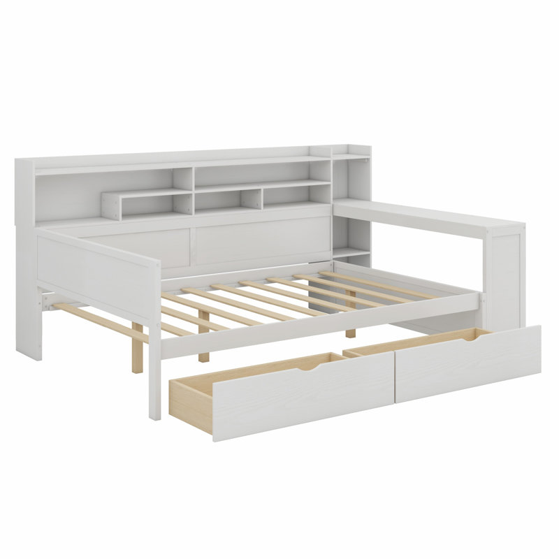 Wooden Daybed With Storage Shelves, Multi-Functional Bed With Two Storage Drawers And Study Desk, Antique White
