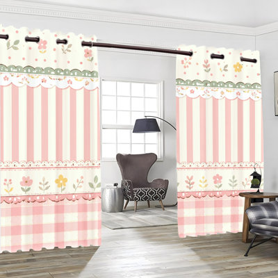 2Pcs Mignon rideau occultant à motif floral avec œillets à motif vichy, rideaux obscurcissants et isolants à motif de chalet pastel rose