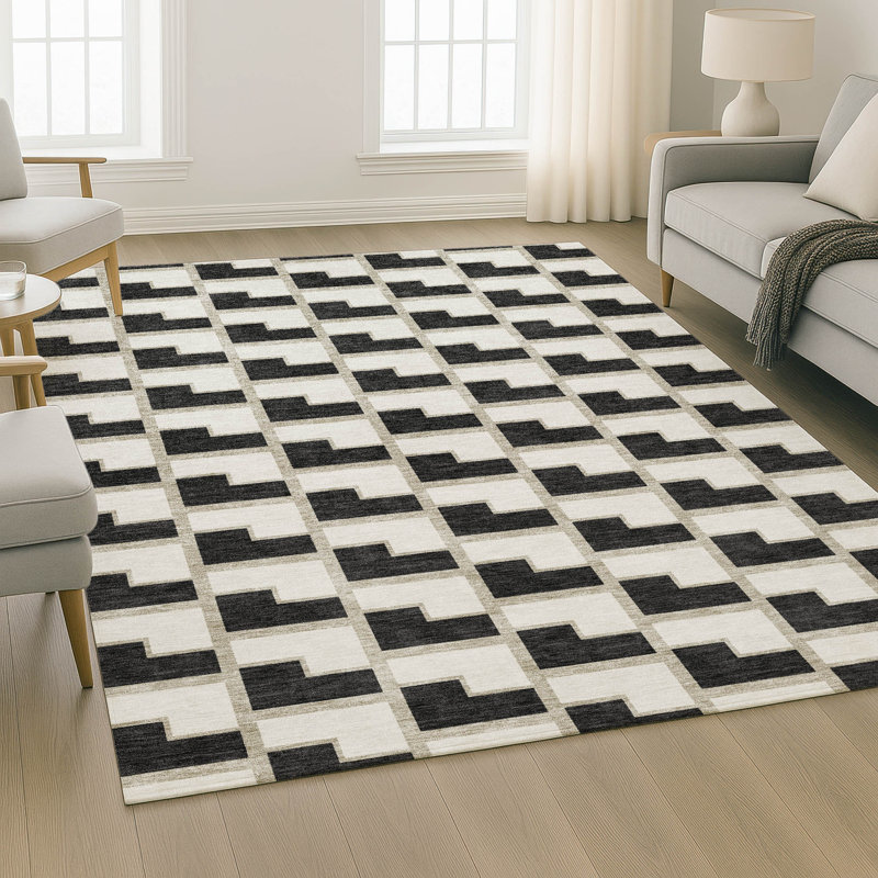 Premium Machine Washable Mayfield AMF2416 Geometric Rug, 10' x 14', Black