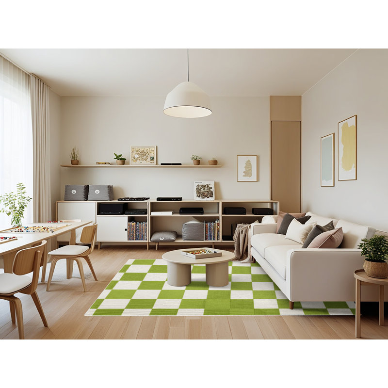 Machine Washable Checkered Beige Area Rug, Rectangle 7' x 9'