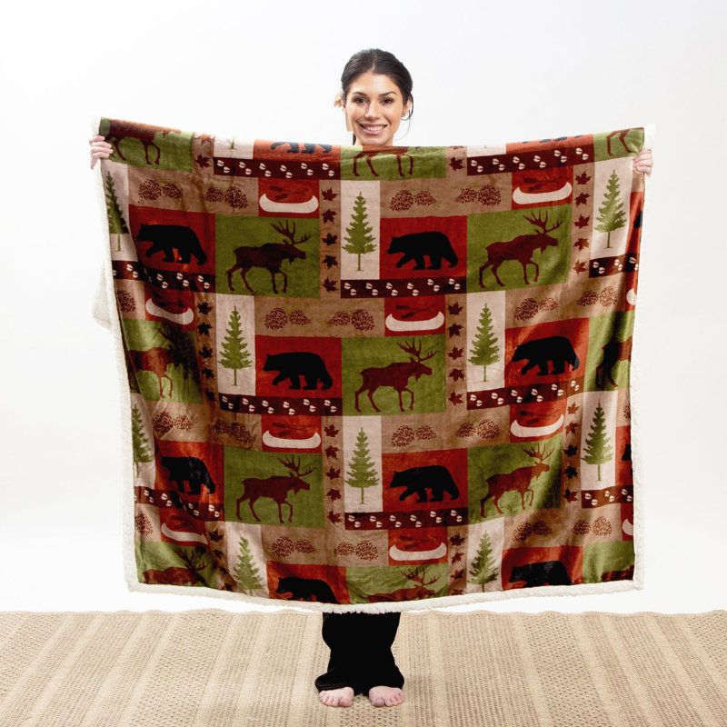 Rustic Patchwork Lodge Reversible Sherpa Fleece Throw Blanket