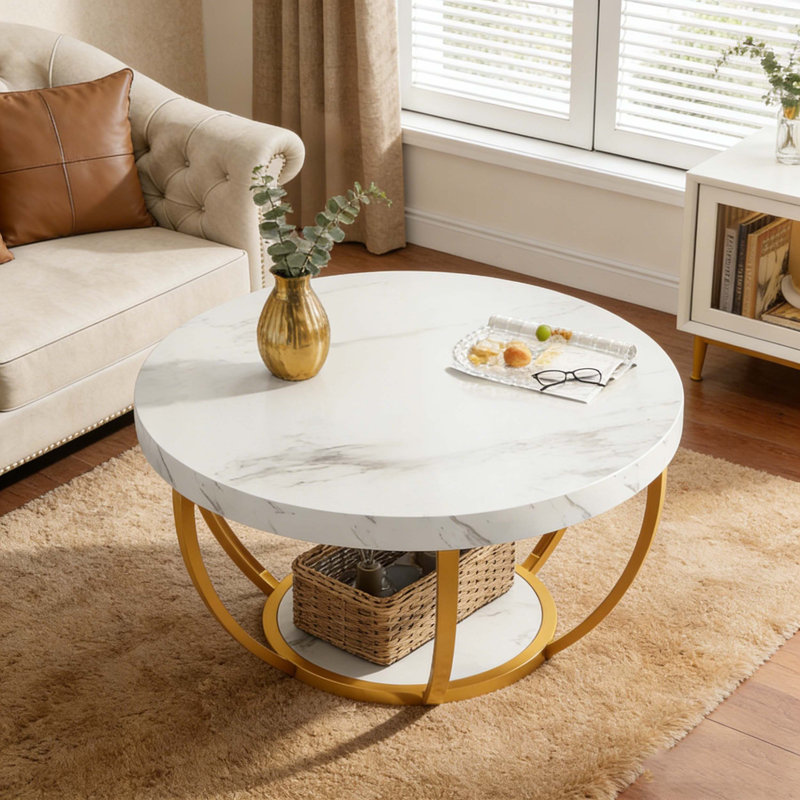 Table basse centrale à 2 niveaux avec tablettes, Blanc et or