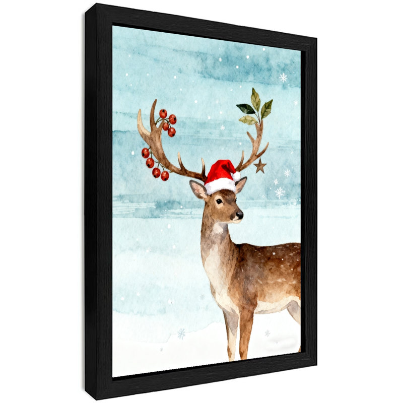 Renne de Noël rétro encadré noir portant un chapeau de père Noël, impression d'art de style rétro, H 17 po x l 13 po