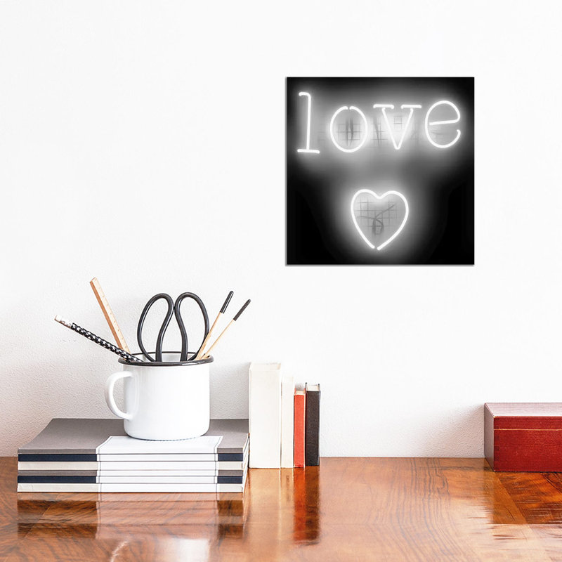 Neon Love Heart Whiteon Black by Hailey Carr - Wrapped Canvas Print, 30.48 cm H x 30.48 cm W