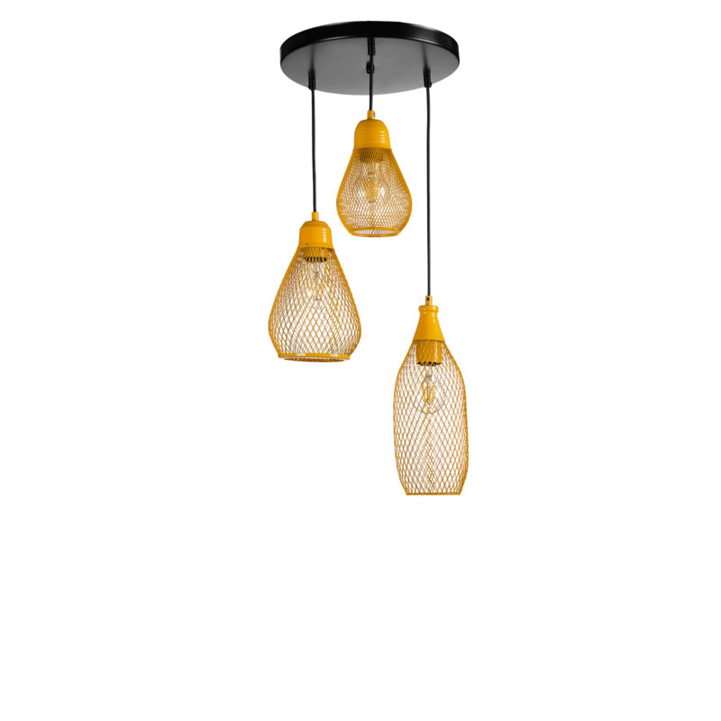 Elegant Adjustable Chandelier, Mustard & Black Metal, 11 x 17 in, 15 x 23 in, 12 x 30 in | 3 x E27 Socket, Max 40W | Stylish Lighting for Dining Room, Living Room & Entryway, IP20 Rated, Modern Design