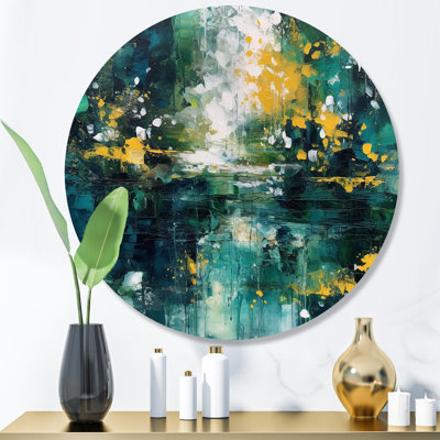 «Yellow Green», Transcendent encre liquide - art abstrait rond en métal marbré