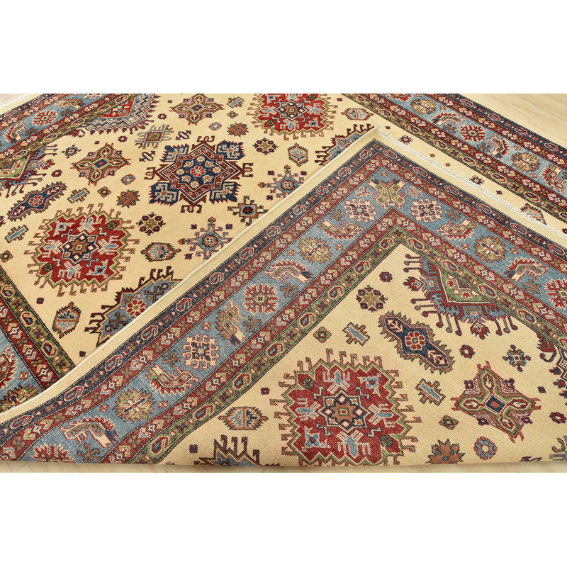 Tapis oriental en laine beige noué à la main 8 pi 9 po x 11 pi Kazak Kazak