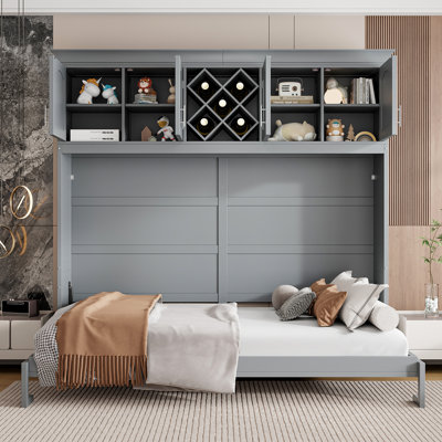 Queen Size Murphy Wall Bed with Top Cabinets & Wine Rack, Space-Saving Gray Design