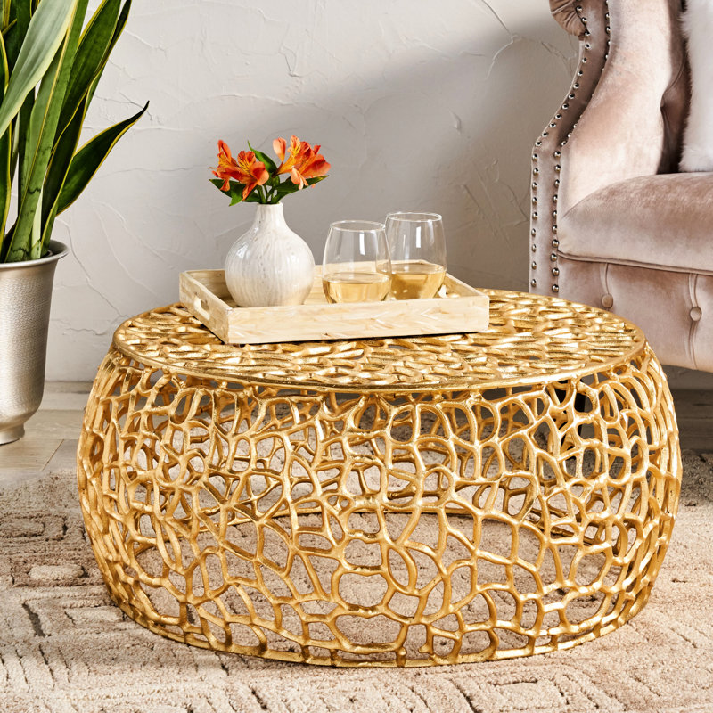 Table basse moderne avec texture en maille d'aluminium et accents dorés, l 27,85 po x P 12,26 po, décoration faite à la main, or