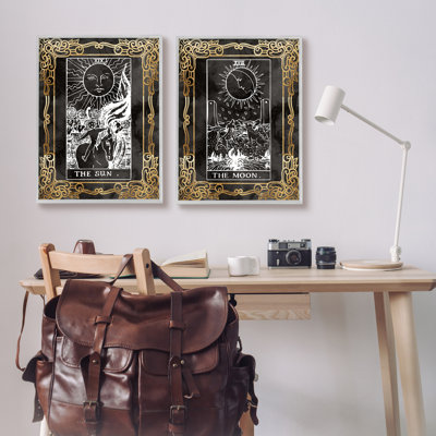 Ornement du soleil et de la lune Tarot encadré sur bois, impression de 2 pièces