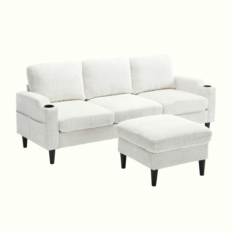 Chenille Sectional Sofa with side pocket,2 cup holders, Beige Chenille